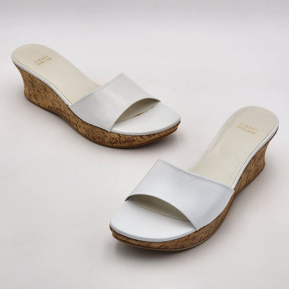 Stuart Weitzman Summer Leather Slide Cork Wedge Sandal White Size 9.5 NEW
